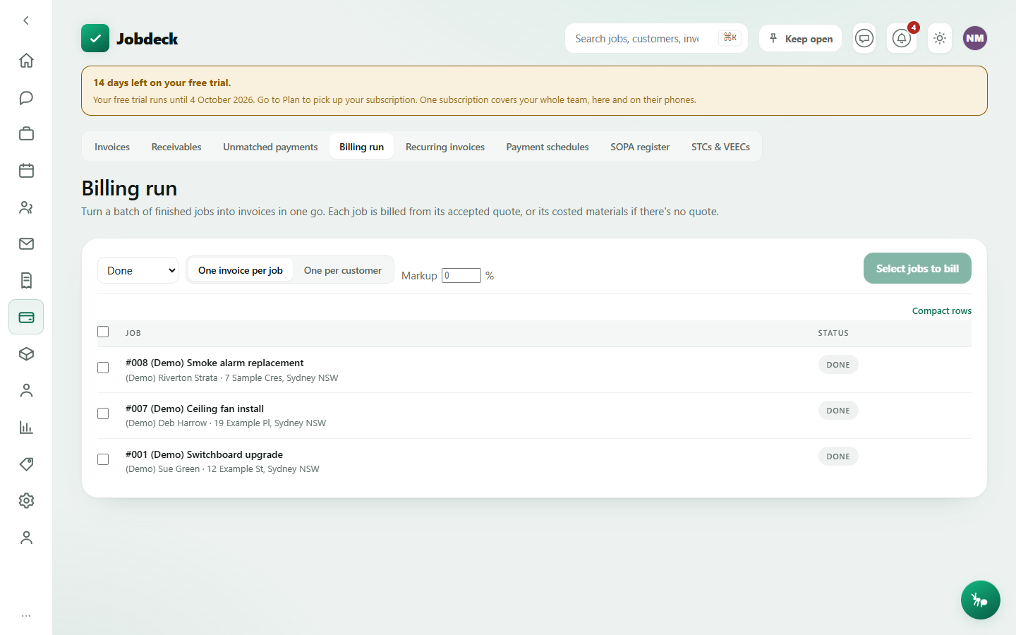 The Billing run screen, with a table of jobs to tick and grouping controls for one invoice per job or per customer.