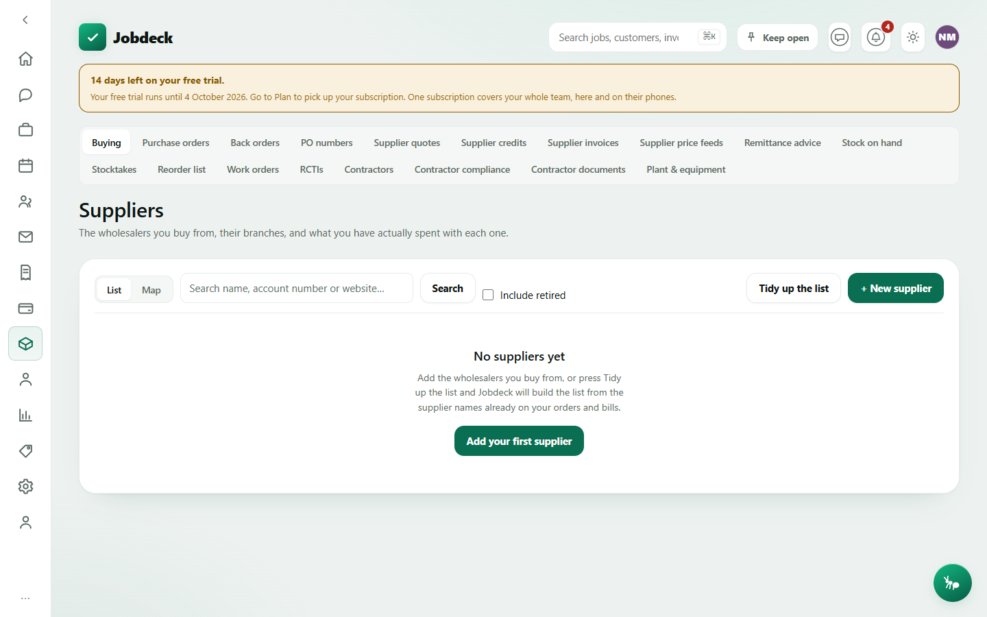 The Suppliers directory, showing supplier rows with branch details and what has been bought from each