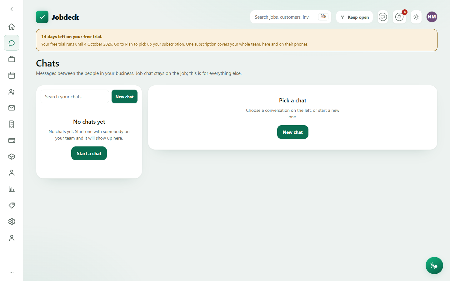 The Chats screen: a conversation list on the left with unread counts, and an open thread on the right with message bubbles and a composer.