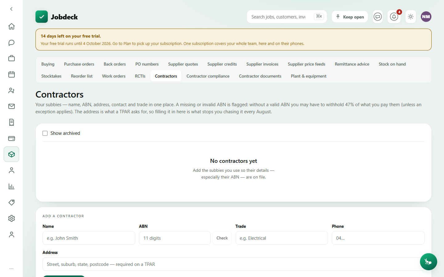 The Contractors register, showing subbie rows with ABN validity pills