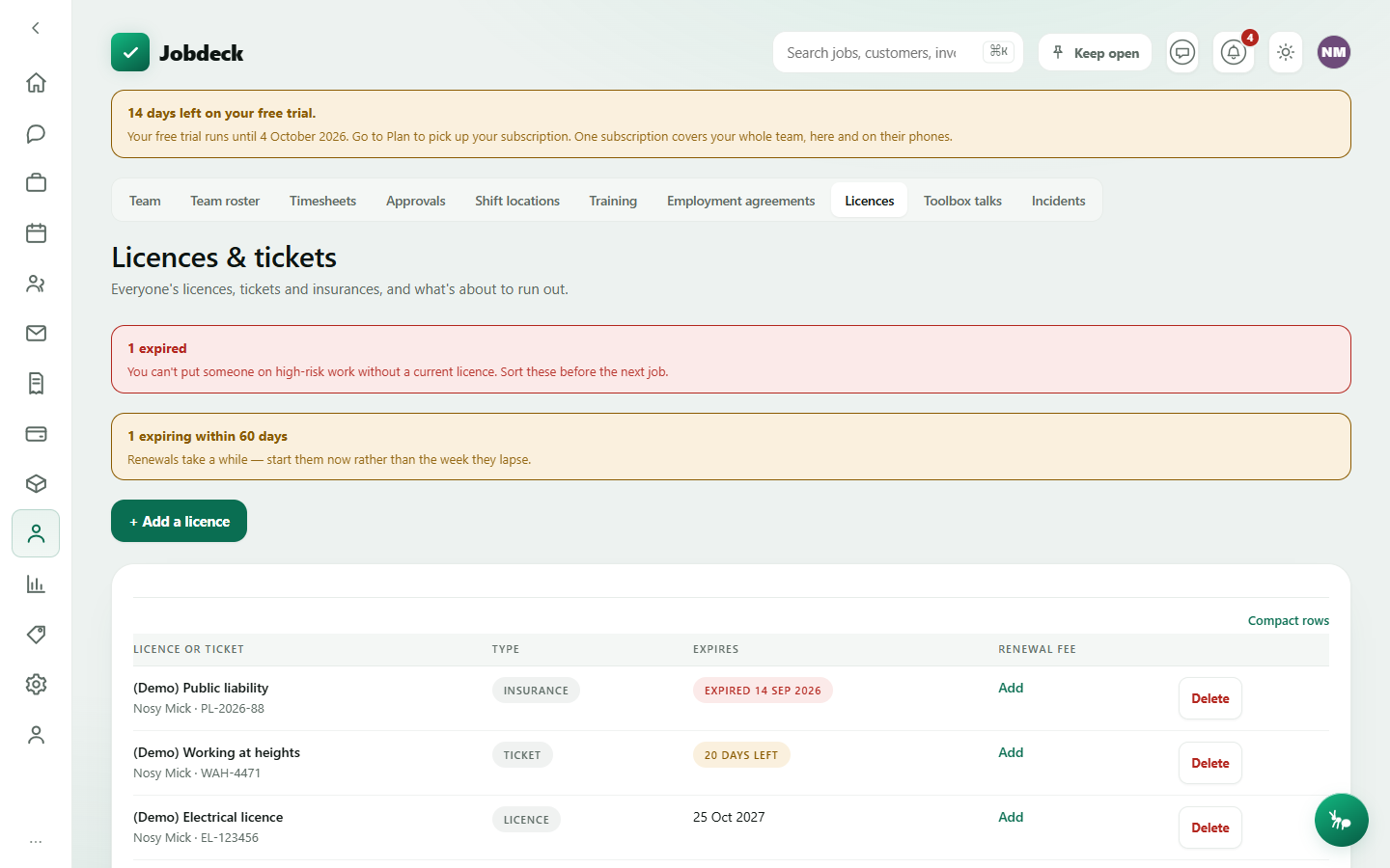 The Licences tab: a table of crew licences, tickets and insurances sorted by expiry date, with an expired-items banner.