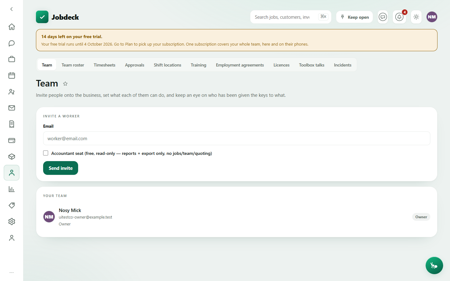 The Team screen: invite a worker, pending invites, and the team list with a permission editor open on one person.