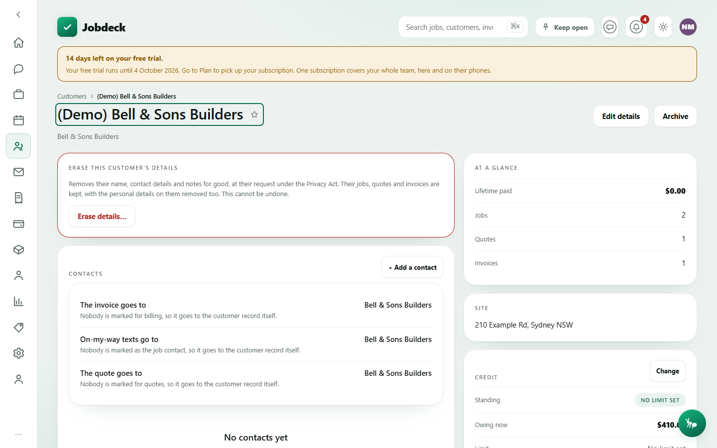 A customer's detail page, showing job/quote/invoice history on the left and credit, pricing and contact cards down the right