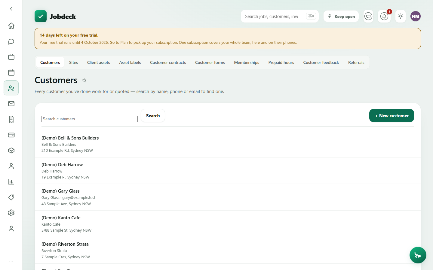 The Customers register, showing customer rows with contact details and a possible-duplicates card