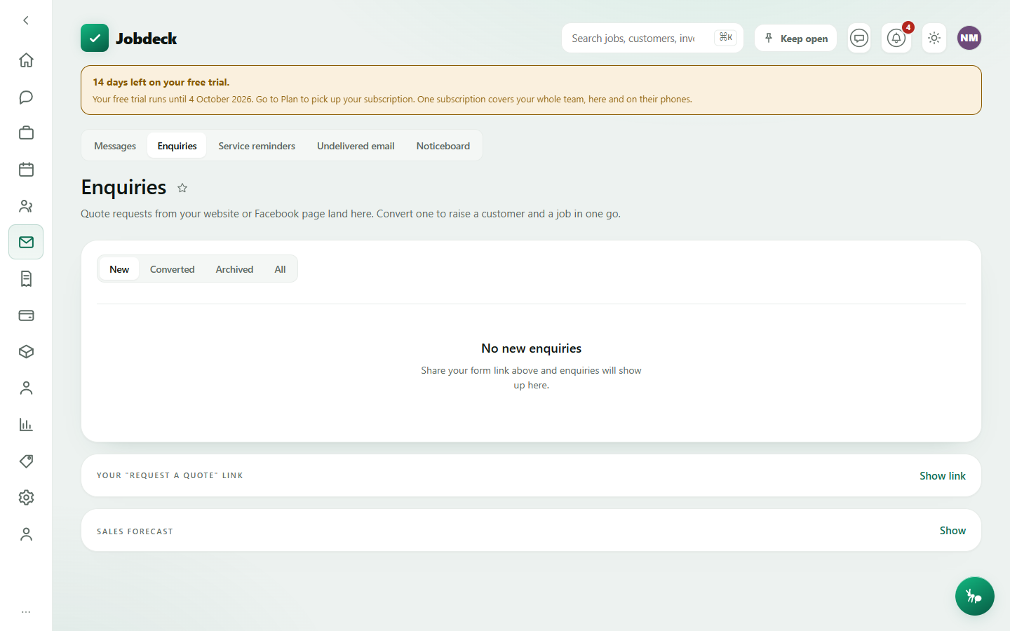 Enquiries inbox, showing new customer enquiries with Convert to job and Archive buttons