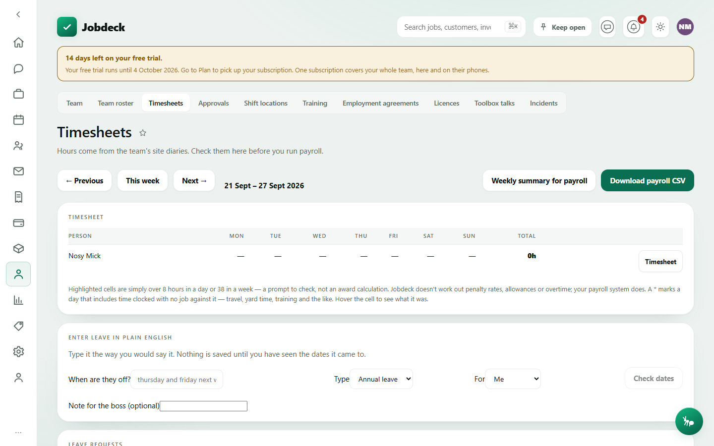 The Timesheets tab: a weekly table of each crew member's hours with leave requests and reimbursement claims below it.