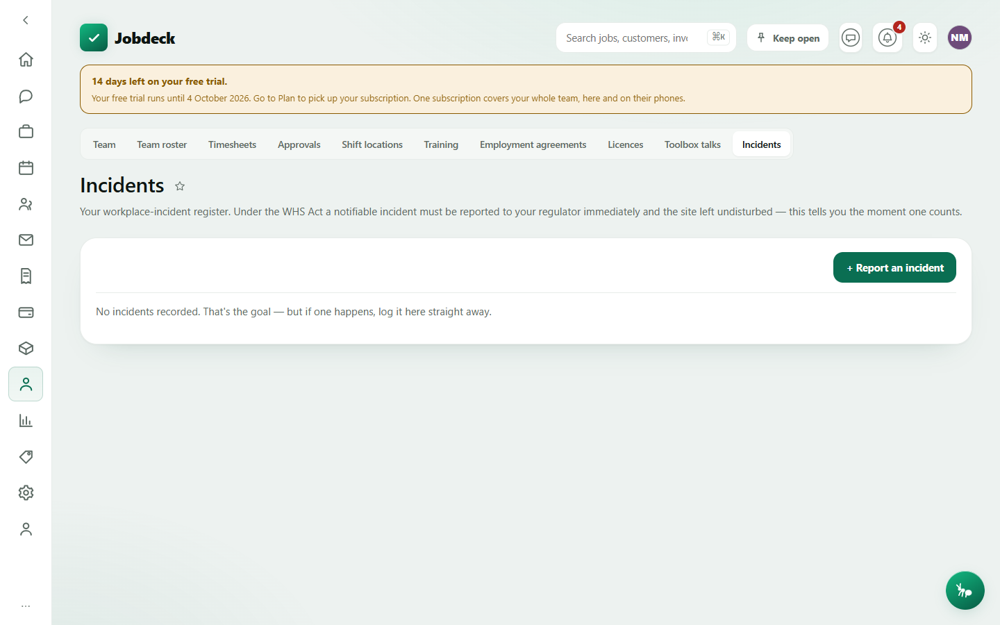 The Incidents tab: a workplace-incident register with notifiable and regulator-notified pills on each row.