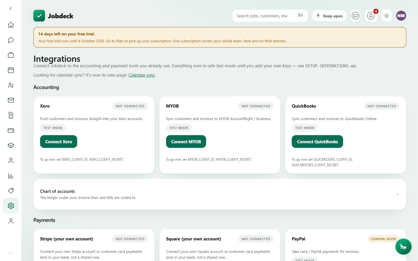 The Integrations screen: connected and not-connected cards for Xero, Stripe Connect, Square Connect and other providers.