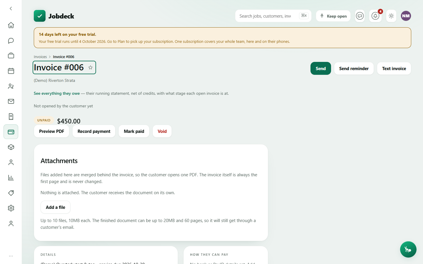 An invoice's detail page, showing its status pill and total, action buttons, line items with GST, and how they can pay.