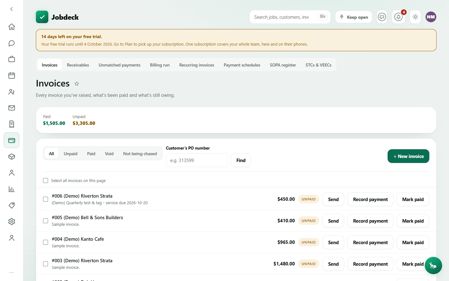 The Invoices screen, showing Paid and Unpaid totals, tabs, and invoice rows with status pills.