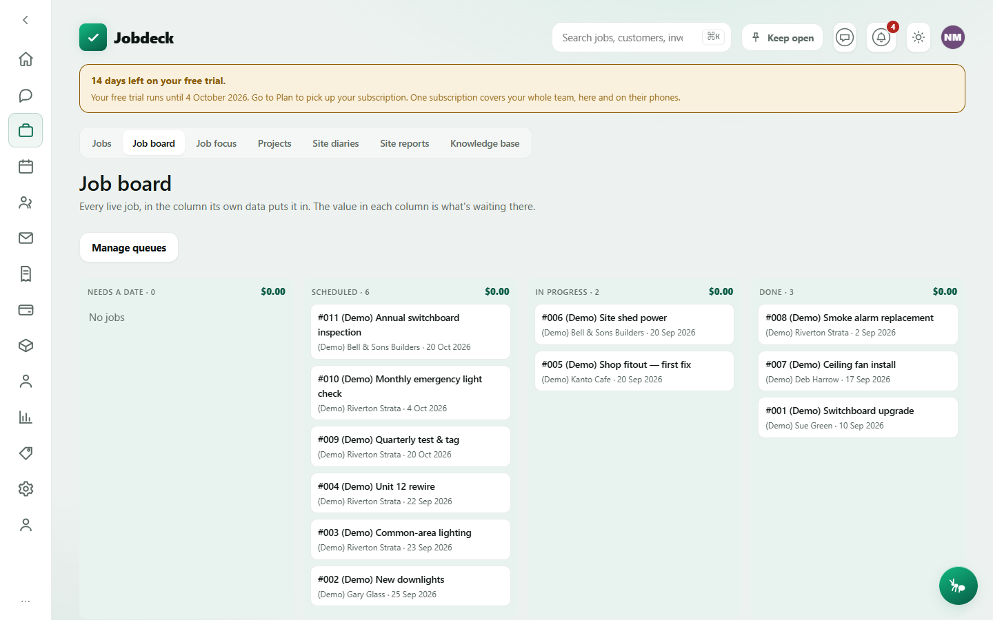 The Job board: columns of job cards sorted by status, each column totalling the value sitting in it
