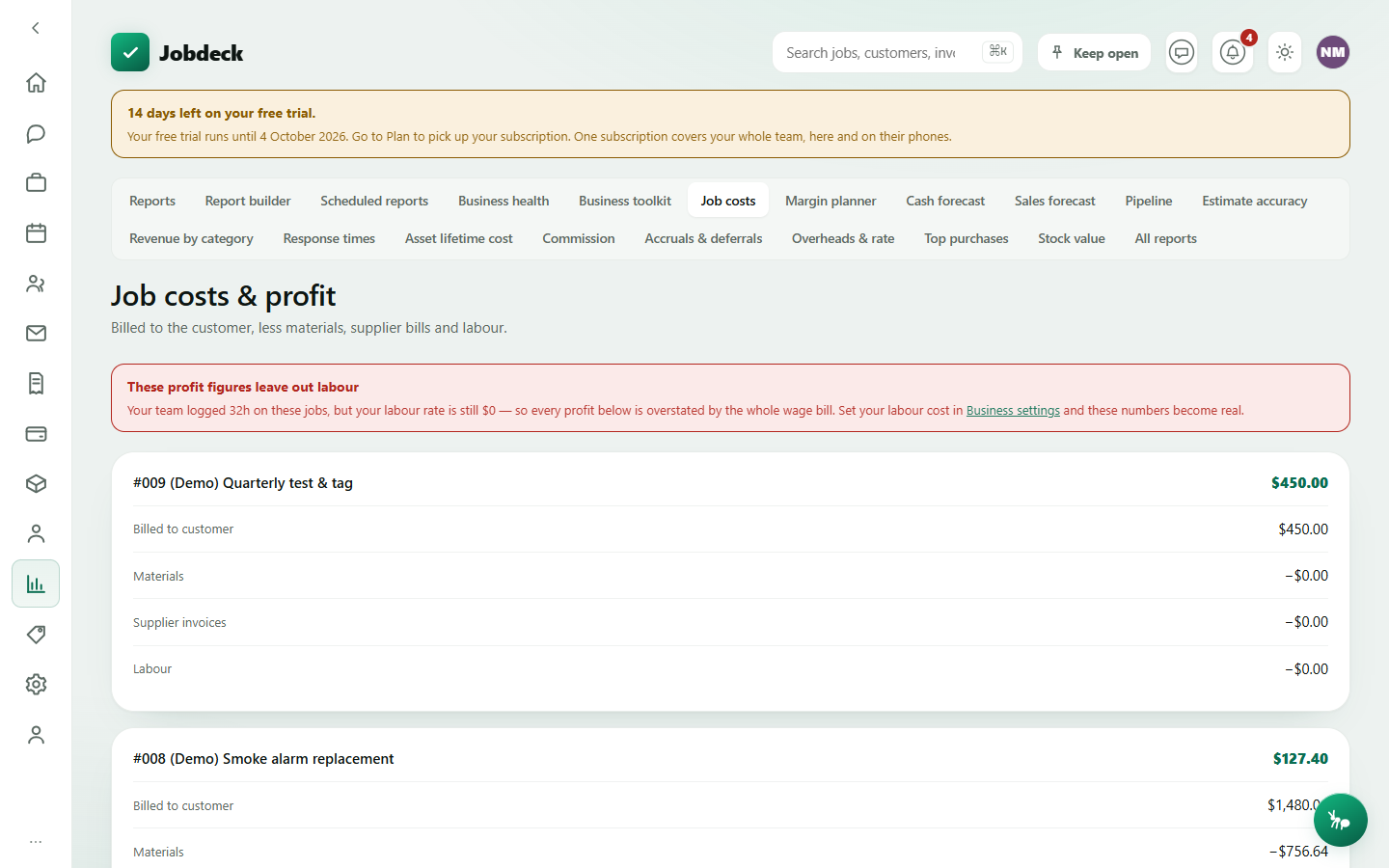 Job costs report, showing billed amount minus materials, supplier invoices and labour for each job