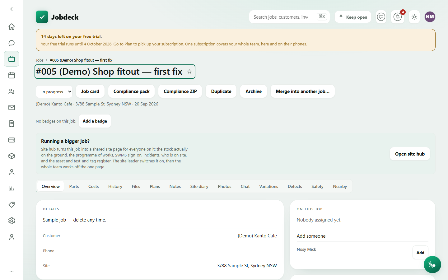 A job's detail screen: header with status and action buttons, badges bar, and the row of tabs across the top