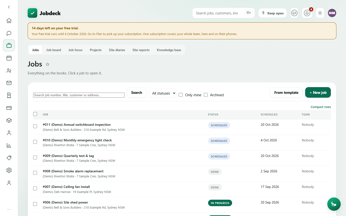 The Jobs list: a sortable table of every job with status, scheduled date and team
