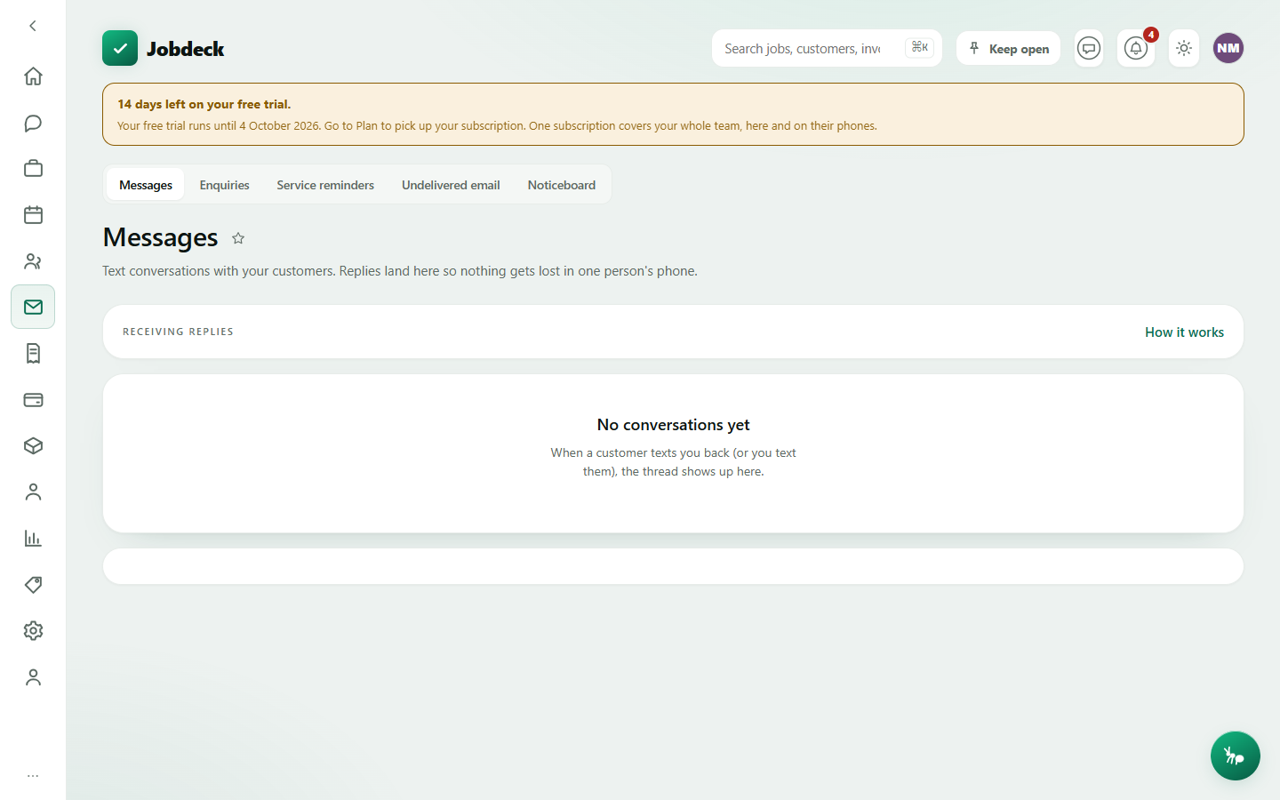 The Messages SMS inbox, showing a conversation list on the left and an open thread with a reply box on the right