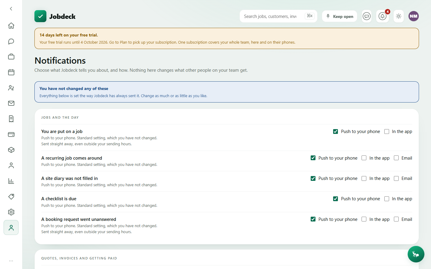 The Notifications screen: grouped notification settings with per-channel switches and a sending-hours window.