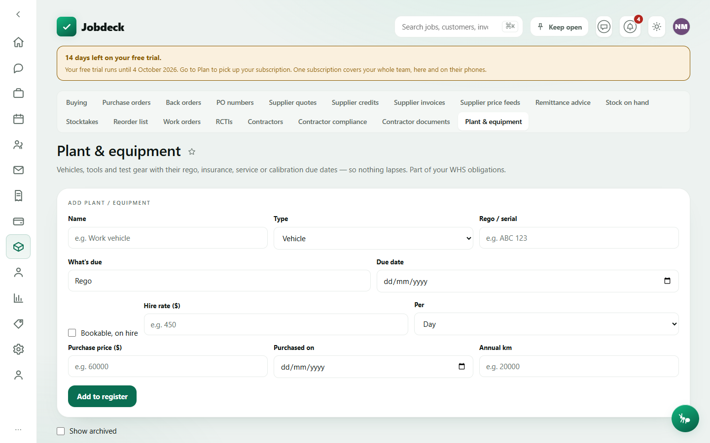 The Plant and equipment register, showing vehicles and tools with their rego, insurance or service due dates