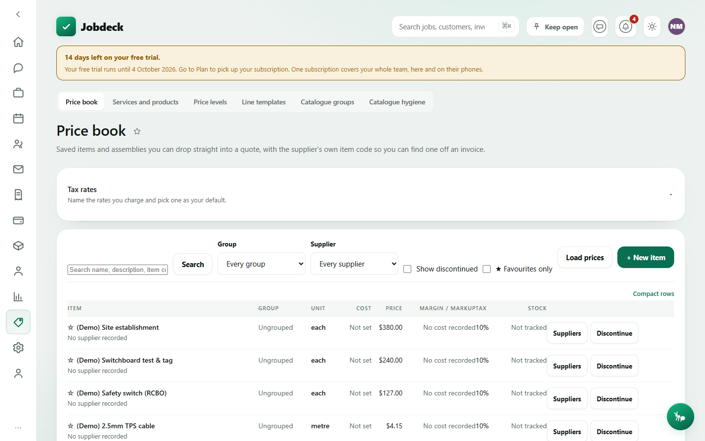 The Price book, showing a searchable table of items with cost, price, margin and stock columns