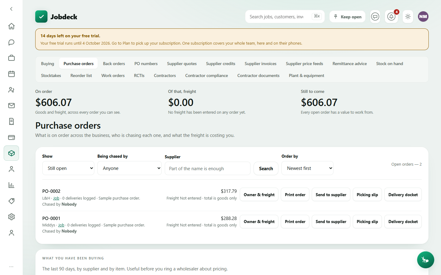 The Purchase orders register, showing open orders with who is chasing each one and the freight cost