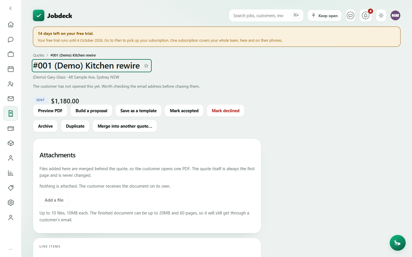 A quote's detail page, showing its status pill and total, action buttons, and its line items with GST.