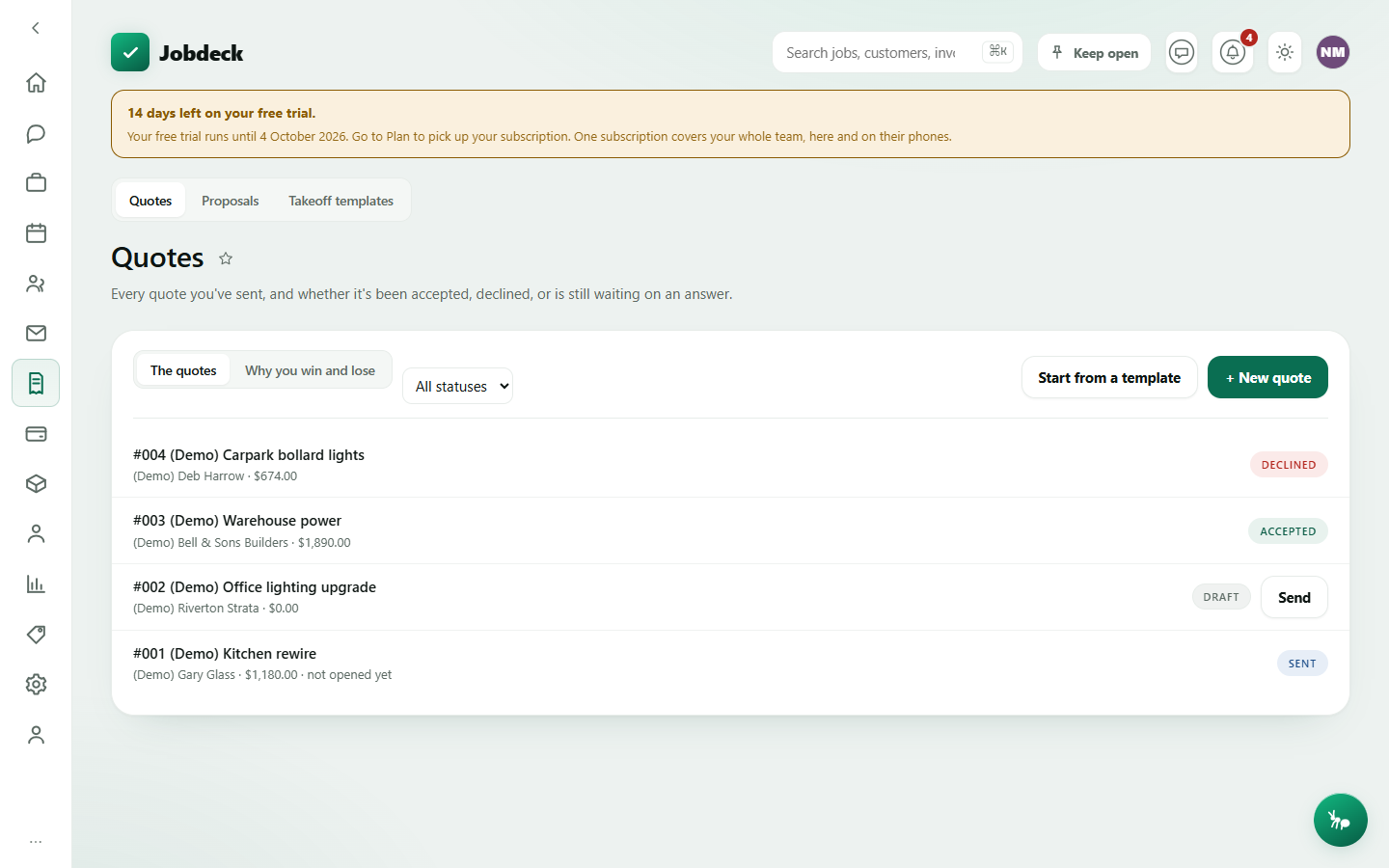 The Quotes screen, listing quote rows with number, customer, total, view count and status pill, with the new-quote form open below.