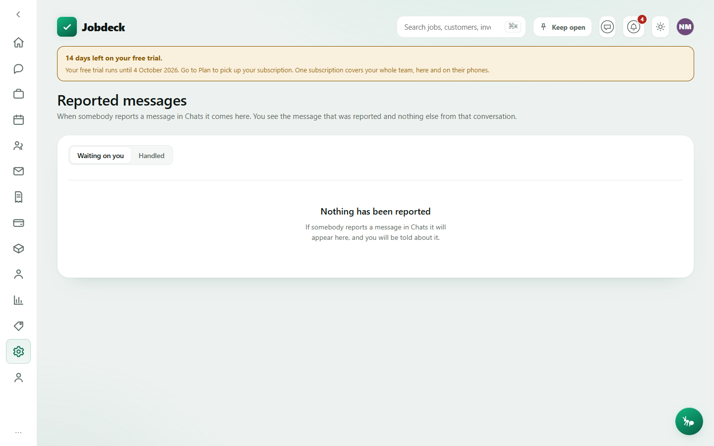 The Reported messages screen: a list of staff chat messages reported by the team, with Mark handled actions.