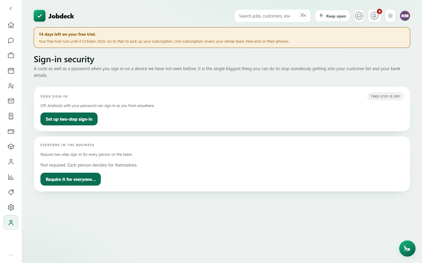 The Sign-in security screen: two-step sign-in status, a form to enrol a mobile number, and a list of trusted devices.