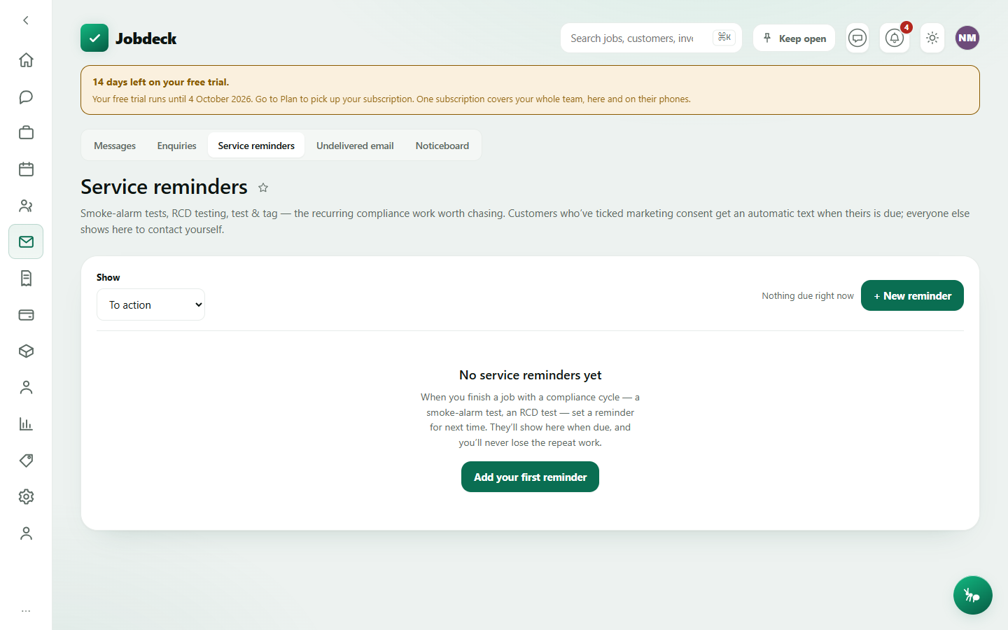 Service reminders work list, showing recurring compliance jobs with a due date and a Booked / done button