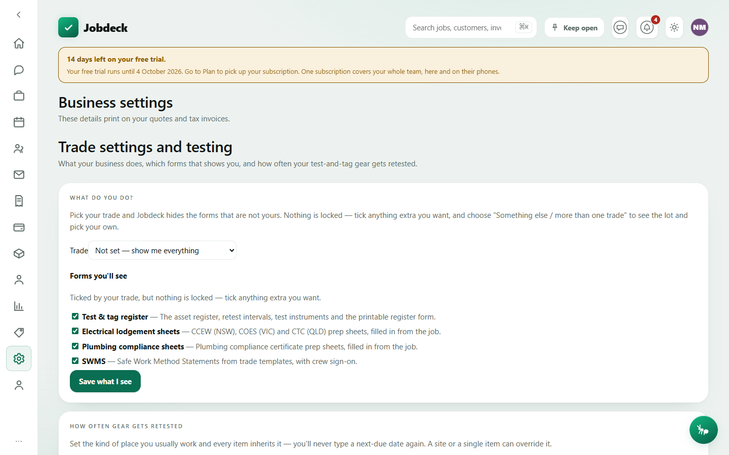 The Settings screen: five collapsible groups of business details, with a signposted list of further setup screens below.