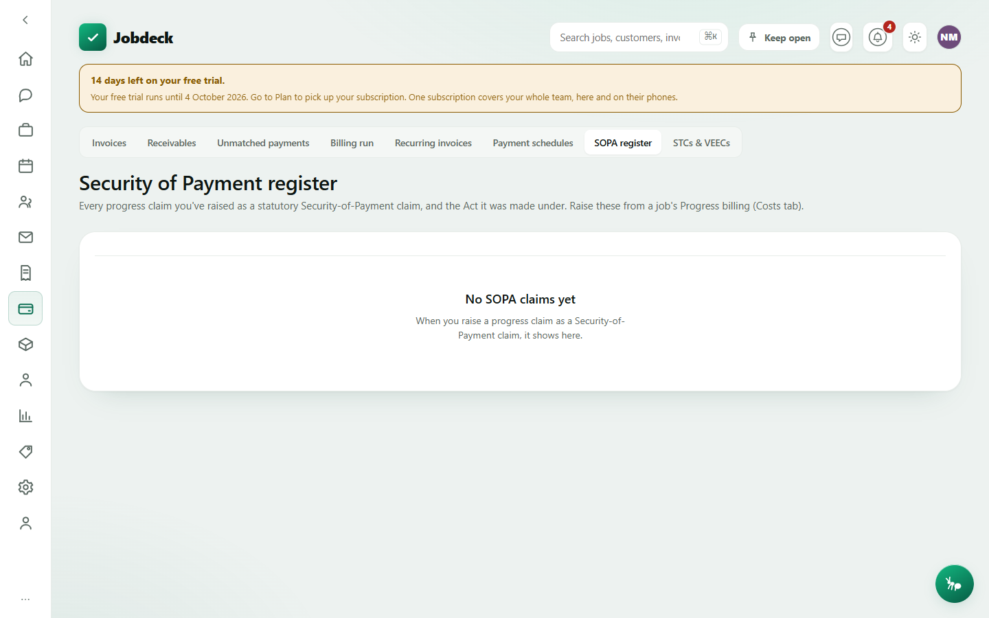 The SOPA register screen, listing progress claims with the Act each was made under, amount, claimed to date and status.