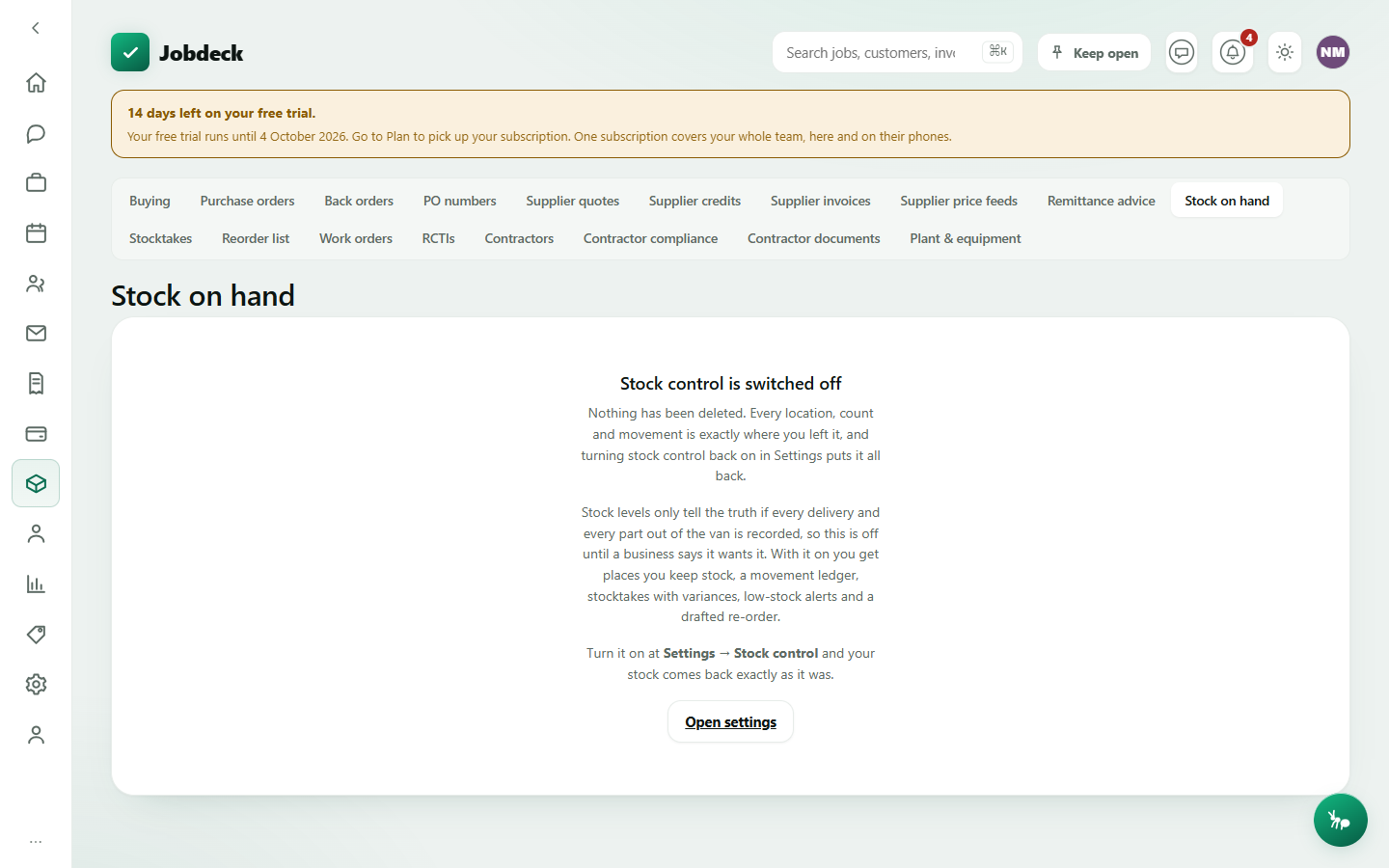 A stock location's on-hand levels, with re-order points and a form for booking stock in or out