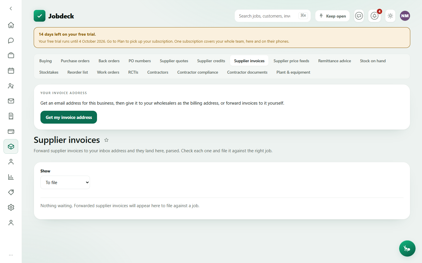The Supplier invoices inbox, showing parsed bills with the supplier and total read off each PDF