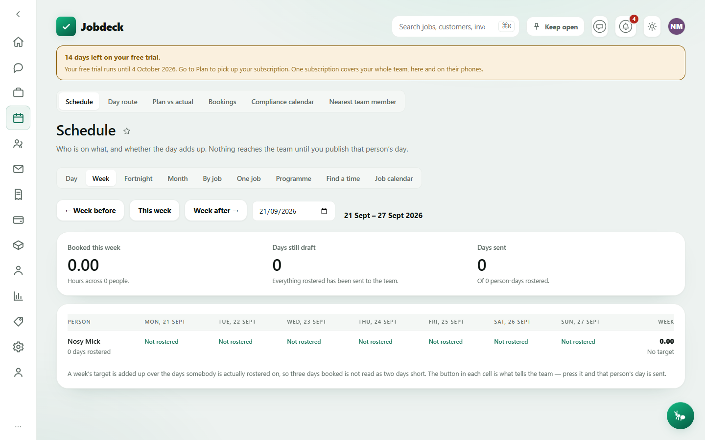The Team roster tab, which opens the Schedule's week view showing crew booked by day.