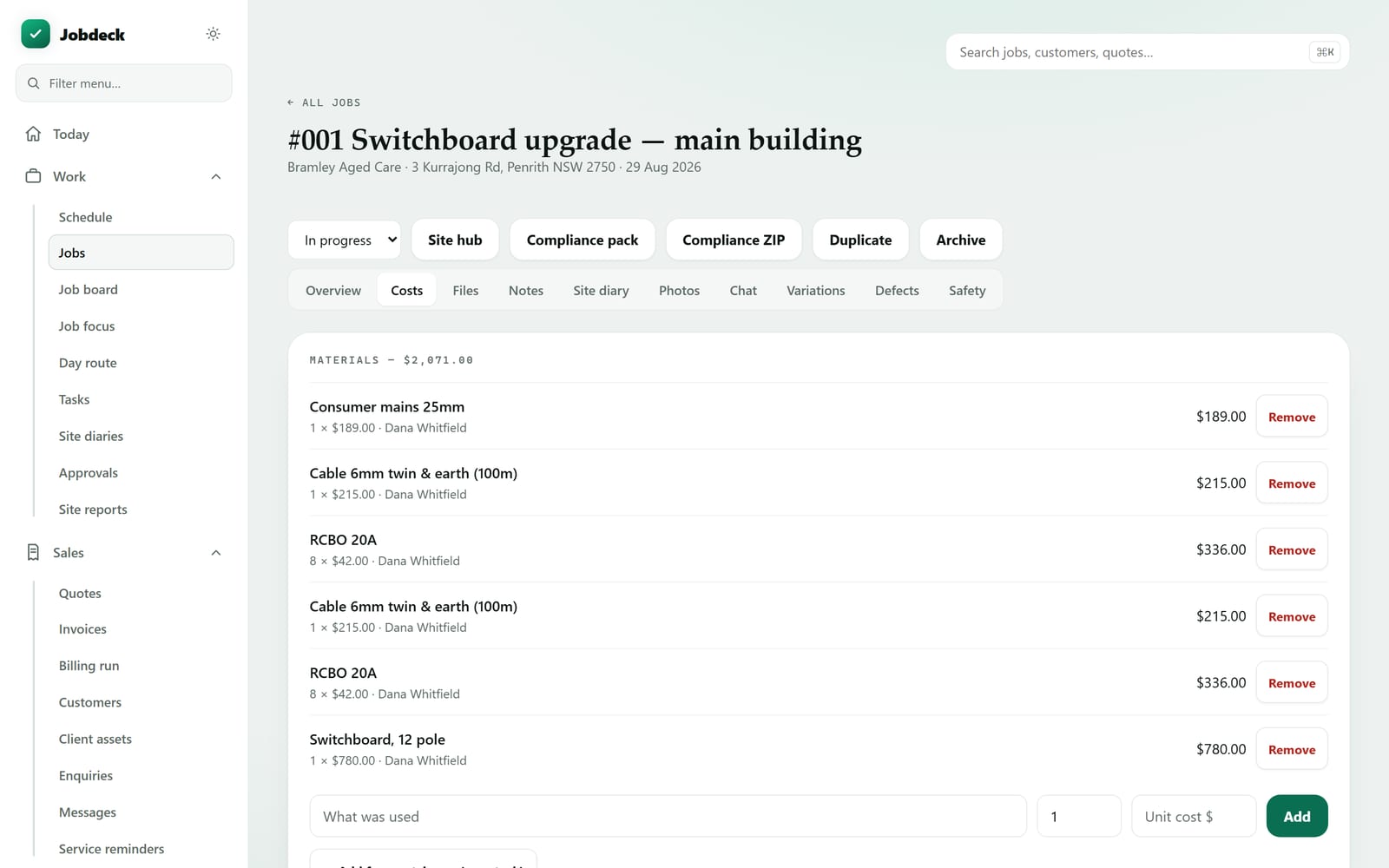 The costs tab of a Jobdeck job, listing materials used and supplier bills filed against the job with a running total.