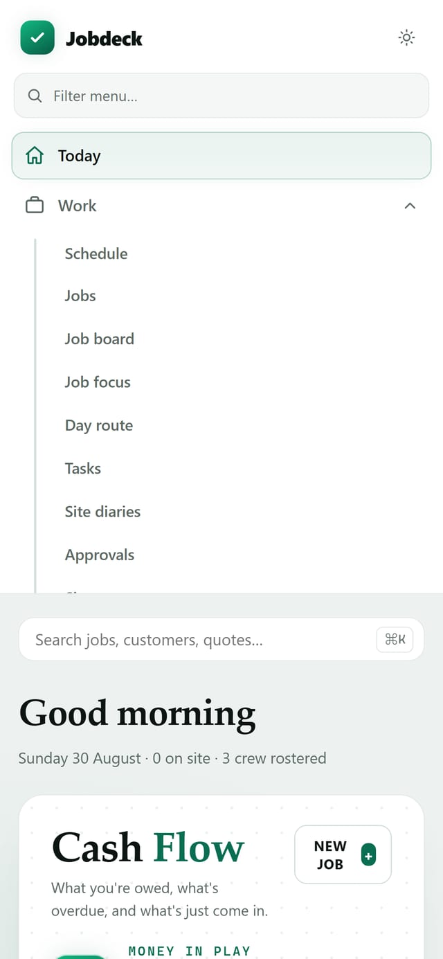 Jobdeck on a phone, showing the day's work, what is owed and the crew rostered on.